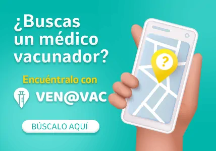 Banner con una ilustración 3D de una mano con un teléfono móvil, a la izquierda el texto ¿Buscas un médico vacunador? A la derecha, el texto Encuentralo con Venovac. Búscalo aquí. 