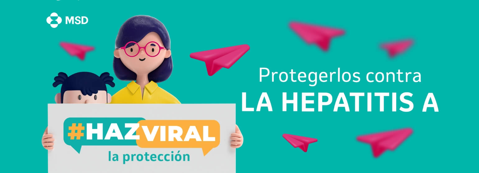 Ilustración 3D de una mujer con una niña, ambas sostienen un letrero con el texto #hazviral la proteccion. Al otro lado el título Protegerlos contra la hepatitis A. 